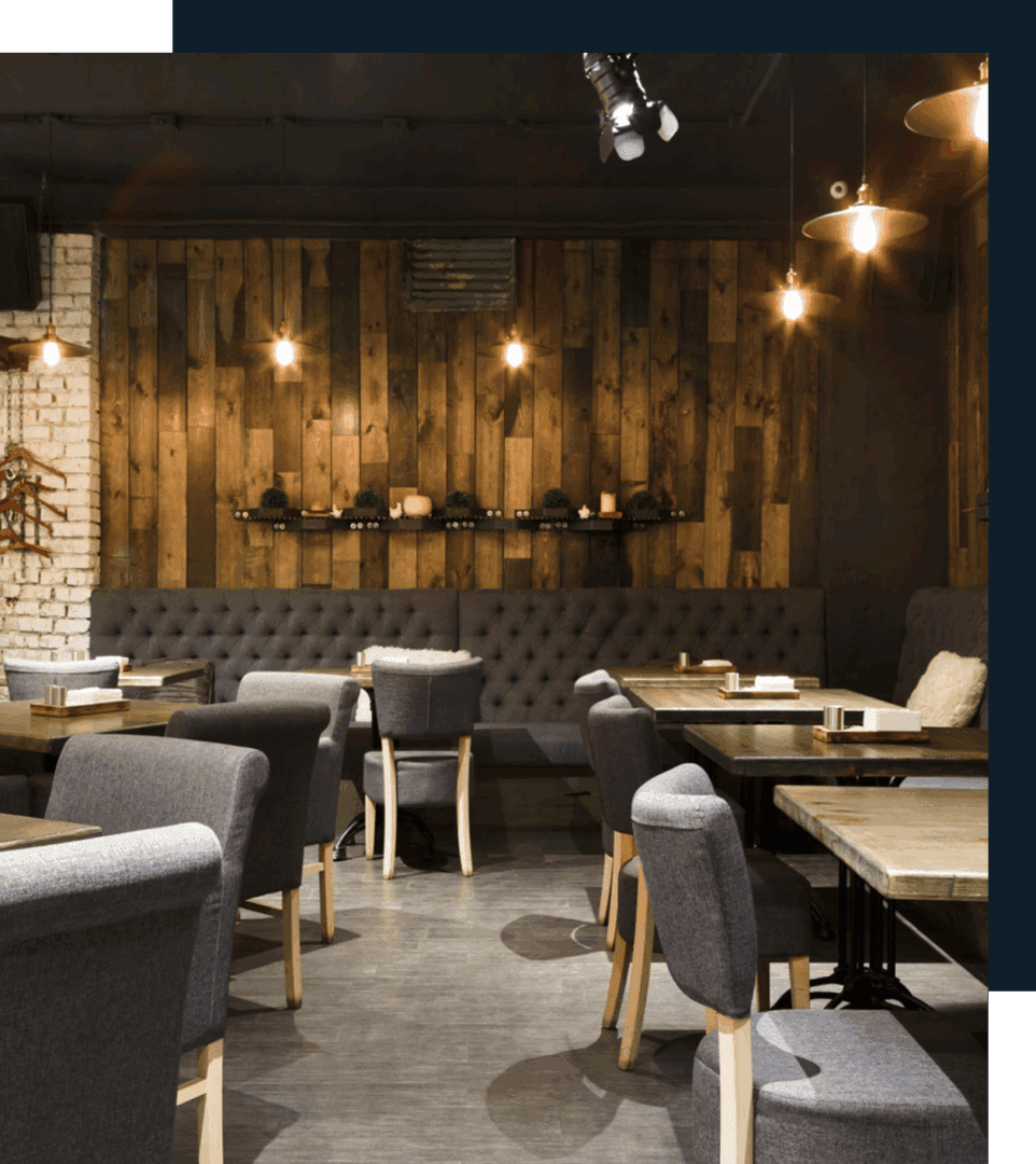Cozy rustic restaurant interior with wooden accents.