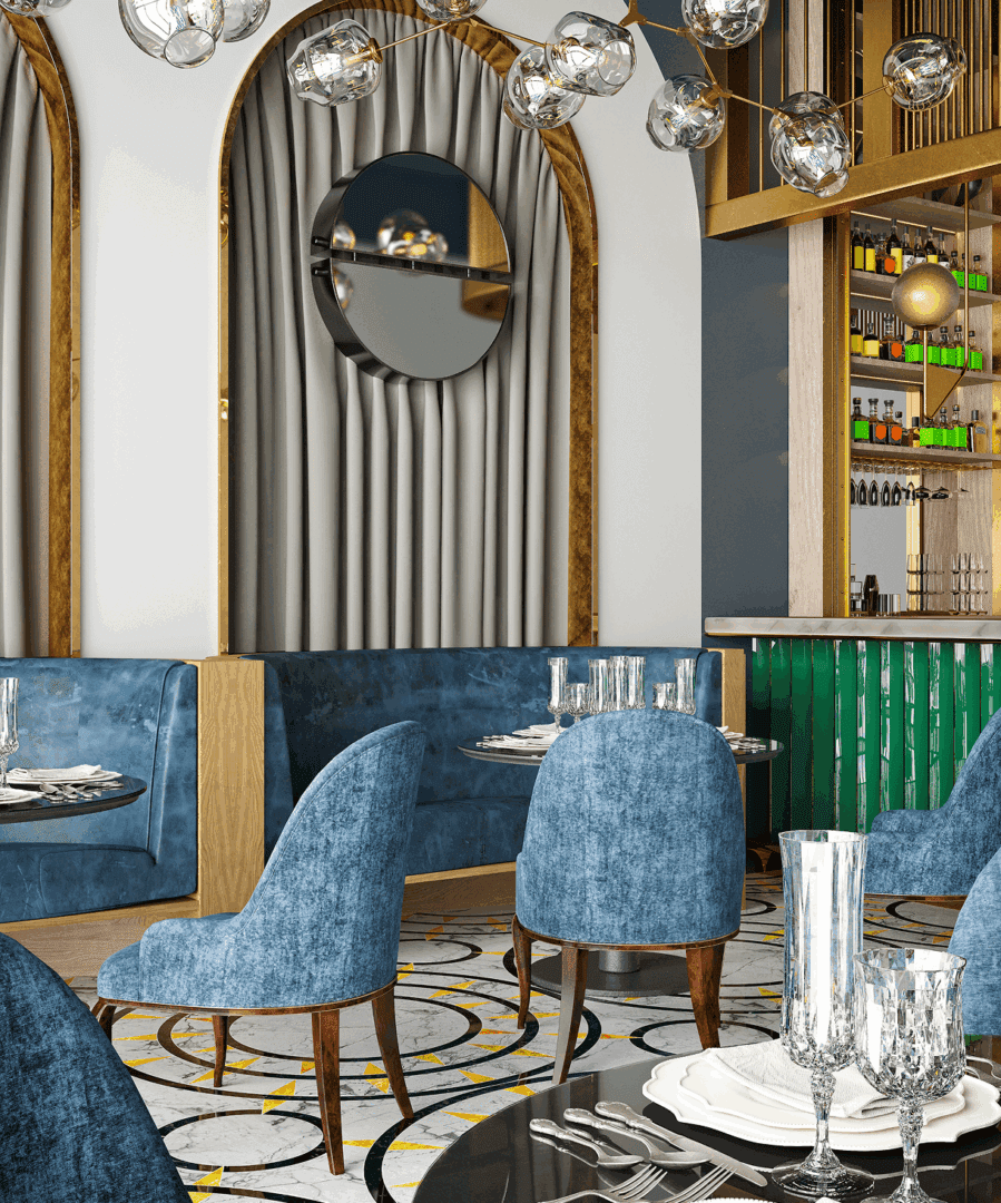 Elegant restaurant interior with blue chairs.